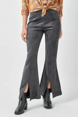 Front Slit Suede Flare Pants - Charcoal