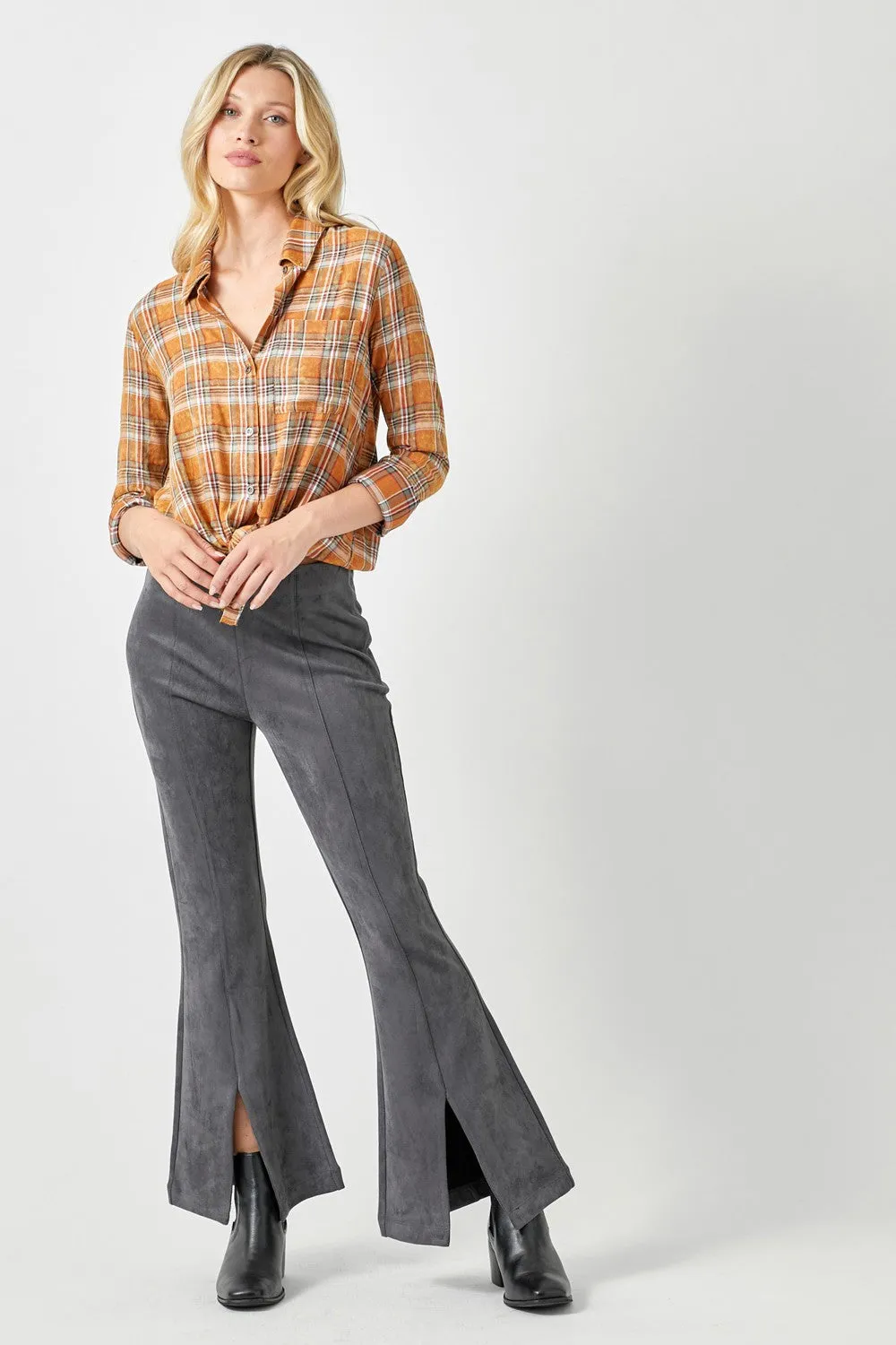 Front Slit Suede Flare Pants - Charcoal