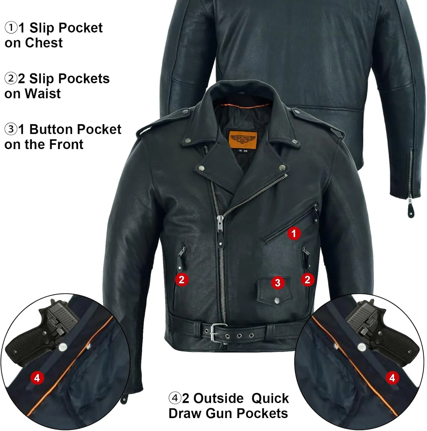 GARGOYLE BELLS Mens Genuine Leather Jacket Motorcycle Racer Jackets Zip-Up Biker Coat for Men with Multiple Pocket