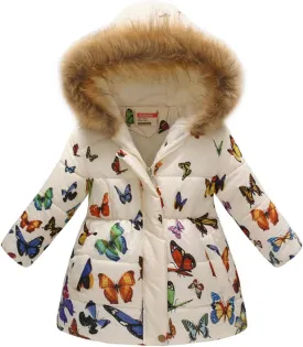 Girl Winter Dress Coats Faux Fur Hood Fleece Jacket Warm Waterproof Floral Parka