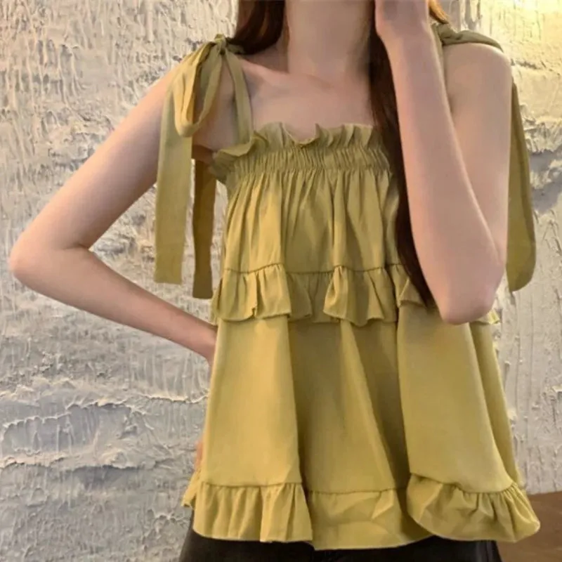 Girlary 2024 Summer Kawail Sleeveless Shirt Women Evening Party Slim Sweet Blouse Office Lady Causal Outwaer Elegant Top Korean Fashion