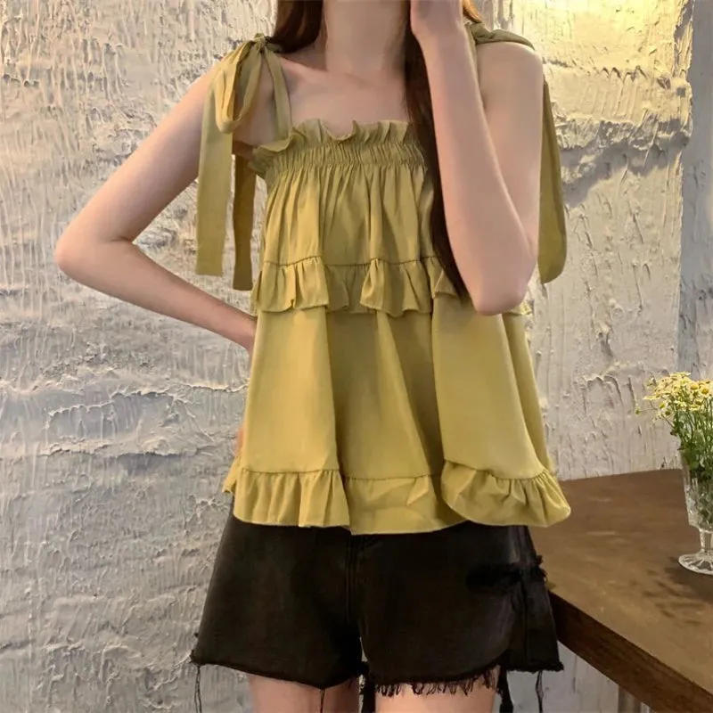 Girlary 2024 Summer Kawail Sleeveless Shirt Women Evening Party Slim Sweet Blouse Office Lady Causal Outwaer Elegant Top Korean Fashion