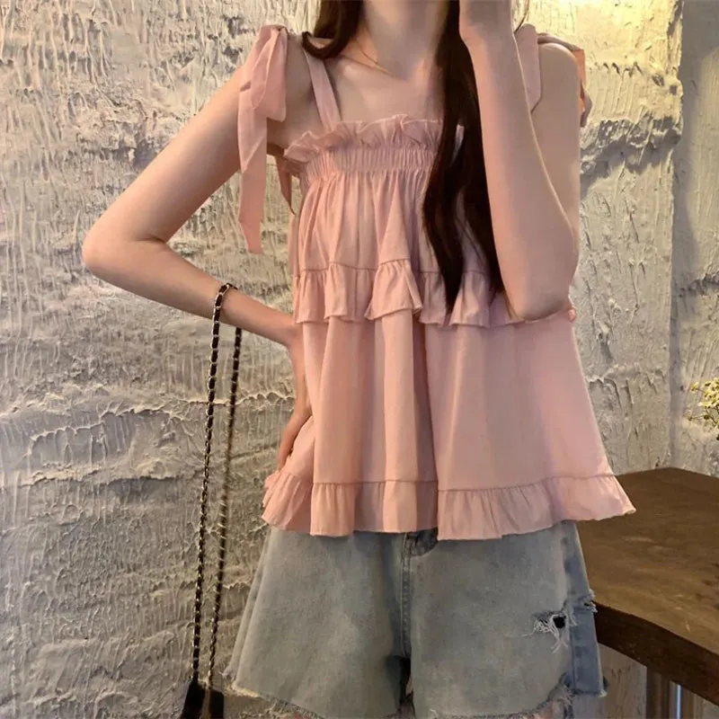 Girlary 2024 Summer Kawail Sleeveless Shirt Women Evening Party Slim Sweet Blouse Office Lady Causal Outwaer Elegant Top Korean Fashion