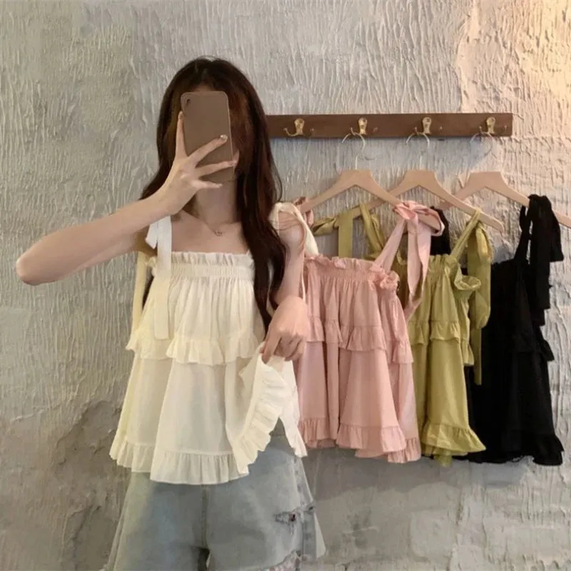 Girlary 2024 Summer Kawail Sleeveless Shirt Women Evening Party Slim Sweet Blouse Office Lady Causal Outwaer Elegant Top Korean Fashion