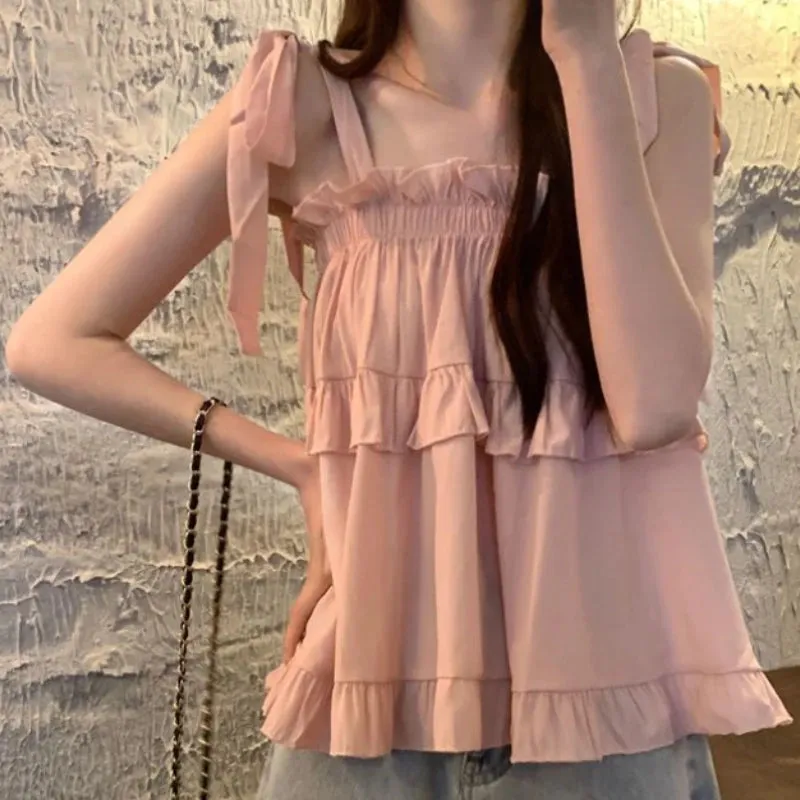 Girlary 2024 Summer Kawail Sleeveless Shirt Women Evening Party Slim Sweet Blouse Office Lady Causal Outwaer Elegant Top Korean Fashion