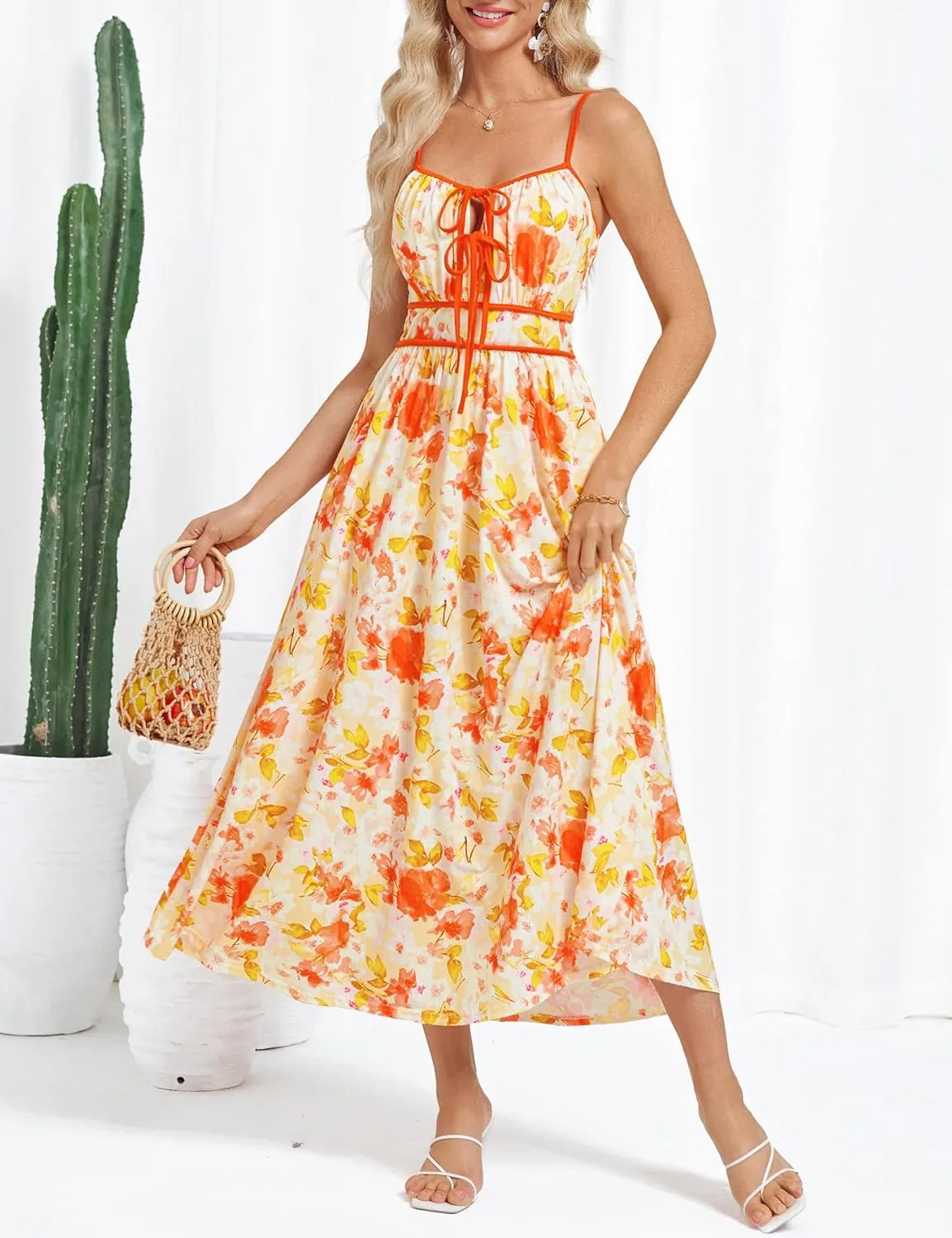 GRACE KARIN Women's 2025 Summer Casual Floral Boho Dress Spaghetti Strap Flowy Beach Maxi Dresses