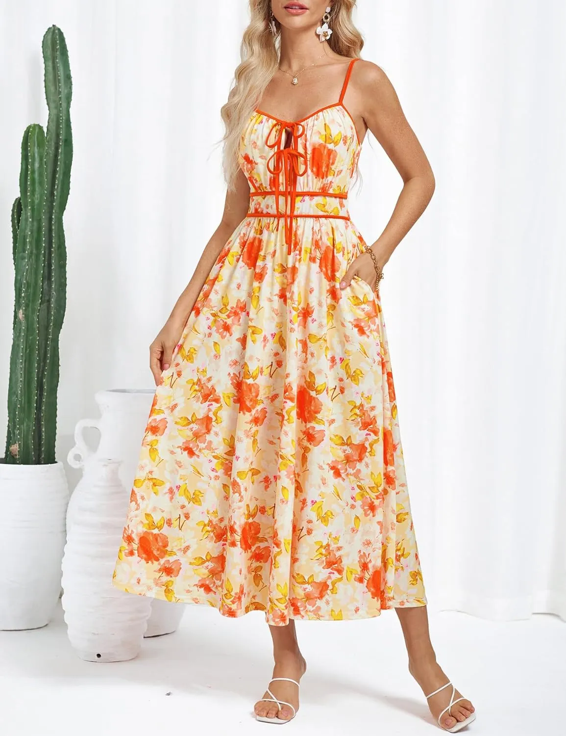 GRACE KARIN Women's 2025 Summer Casual Floral Boho Dress Spaghetti Strap Flowy Beach Maxi Dresses