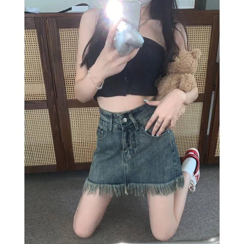 High-Waisted Frayed Edge Retro Tassel Bodycon Denim Skirt