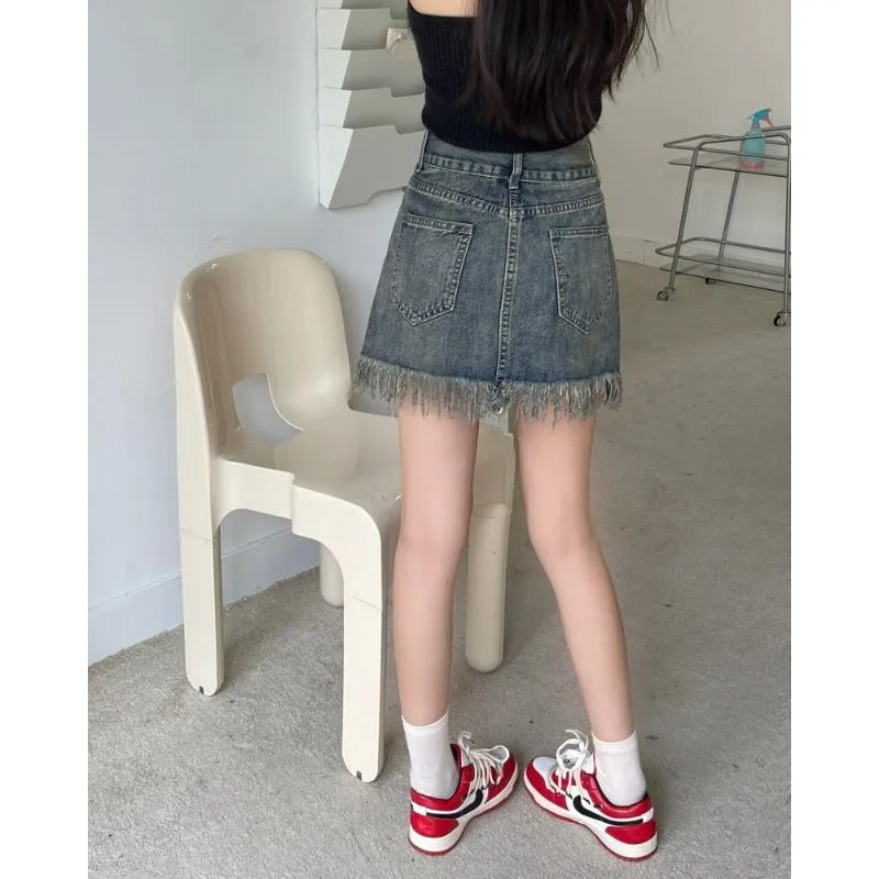 High-Waisted Frayed Edge Retro Tassel Bodycon Denim Skirt