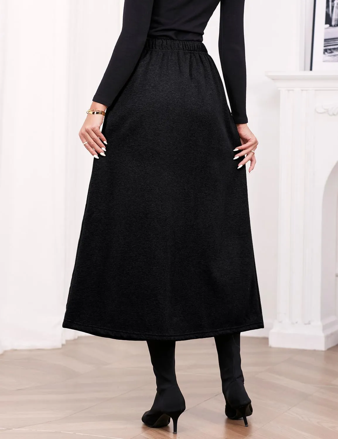 IDEALSANXUN Women's Fall Winter Fleece Lined Elastic Waist Long Skirts with Drawstring