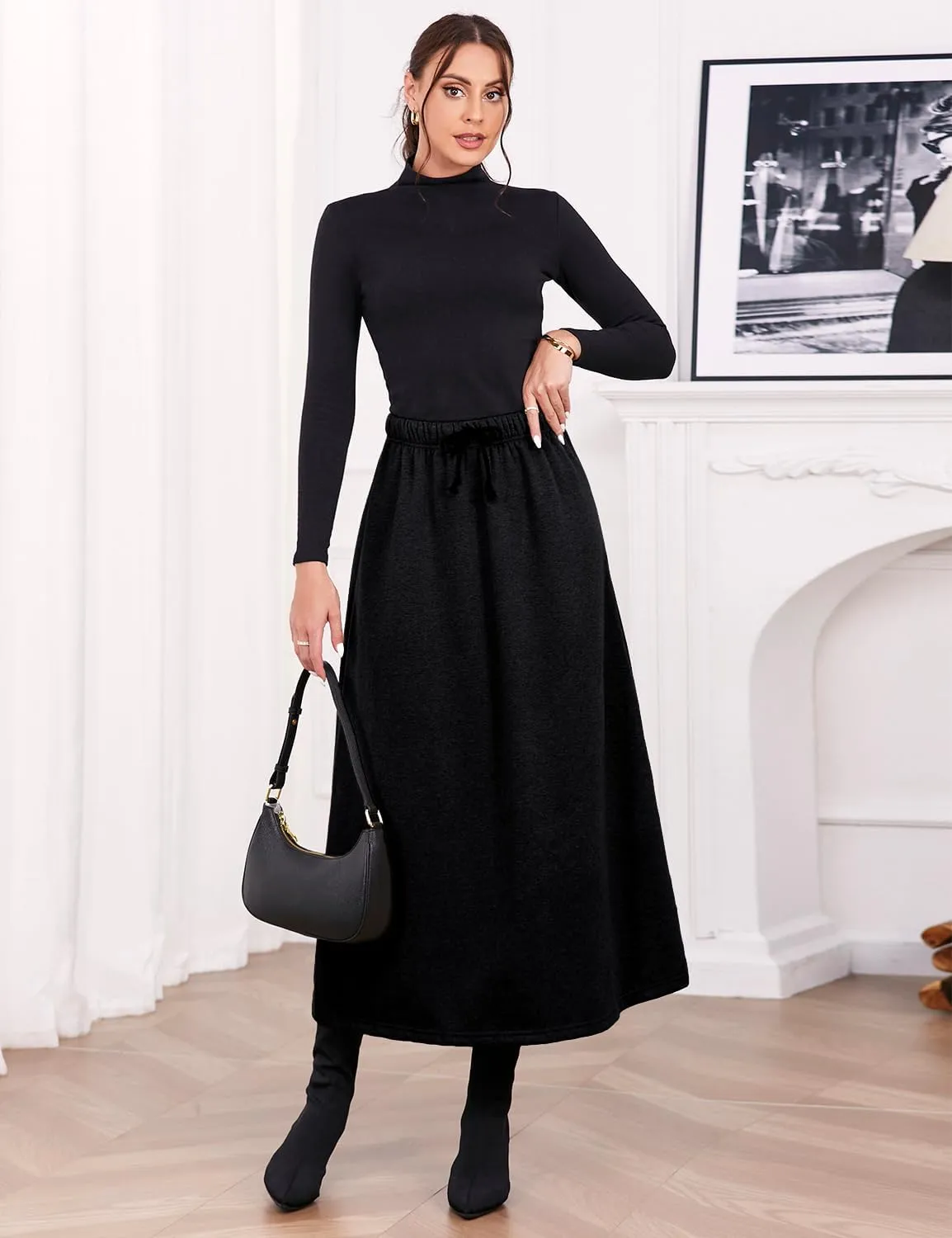 IDEALSANXUN Women's Fall Winter Fleece Lined Elastic Waist Long Skirts with Drawstring