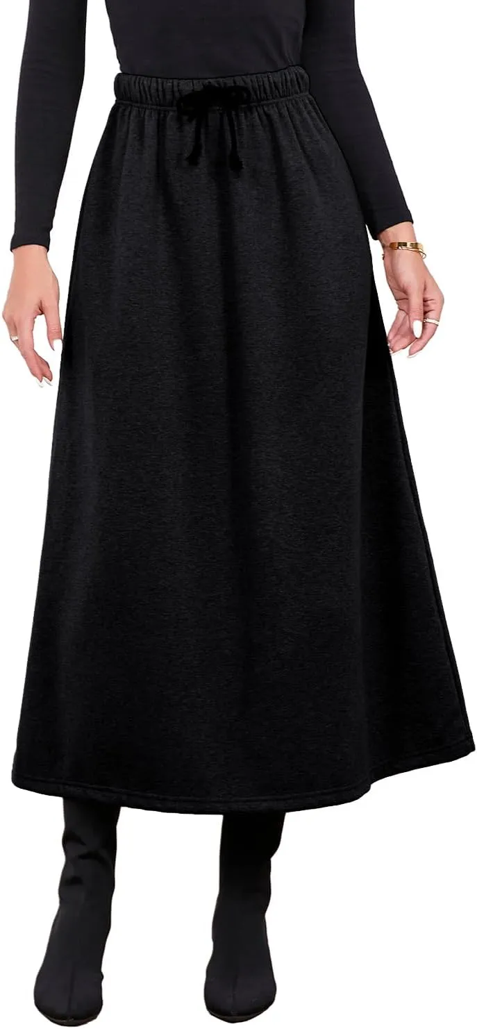 IDEALSANXUN Women's Fall Winter Fleece Lined Elastic Waist Long Skirts with Drawstring