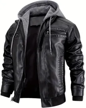 INVACHI Men's Faux Leather Motorcycle Jacket with Removable Hood Windproof Vintage PU Biker Bomber Coat