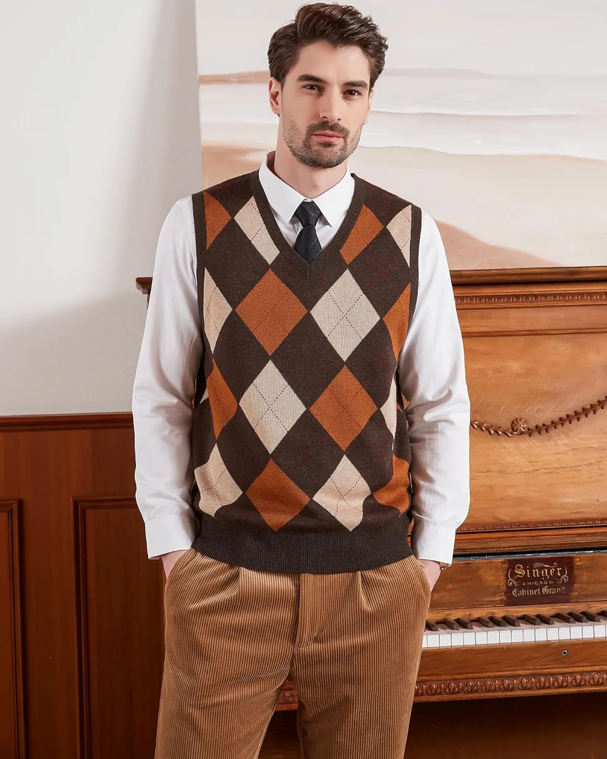 Kallspin Men's Argyle Vest Sweater Wool Blend V-Neck Sleeveless Pullover Sweater