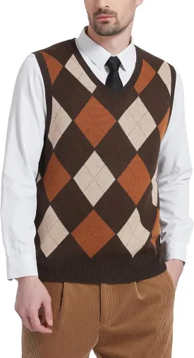 Kallspin Men's Argyle Vest Sweater Wool Blend V-Neck Sleeveless Pullover Sweater