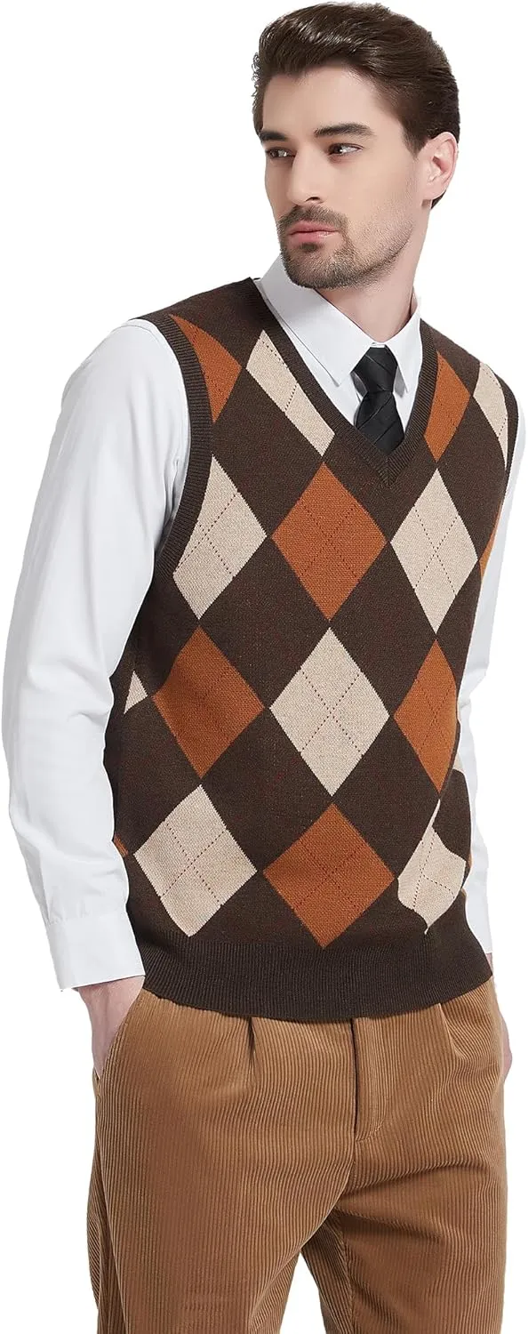 Kallspin Men's Argyle Vest Sweater Wool Blend V-Neck Sleeveless Pullover Sweater