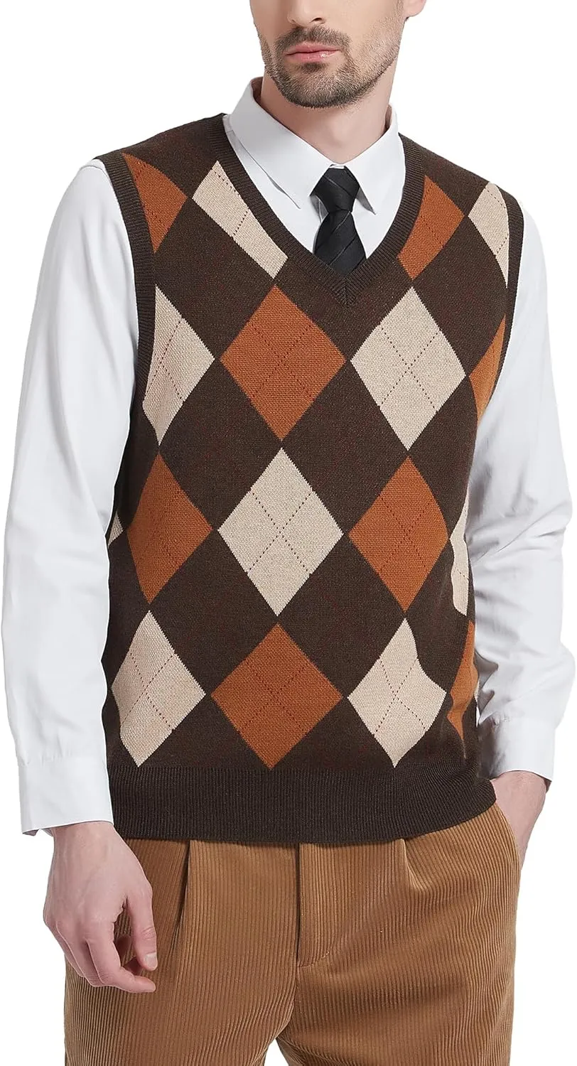 Kallspin Men's Argyle Vest Sweater Wool Blend V-Neck Sleeveless Pullover Sweater