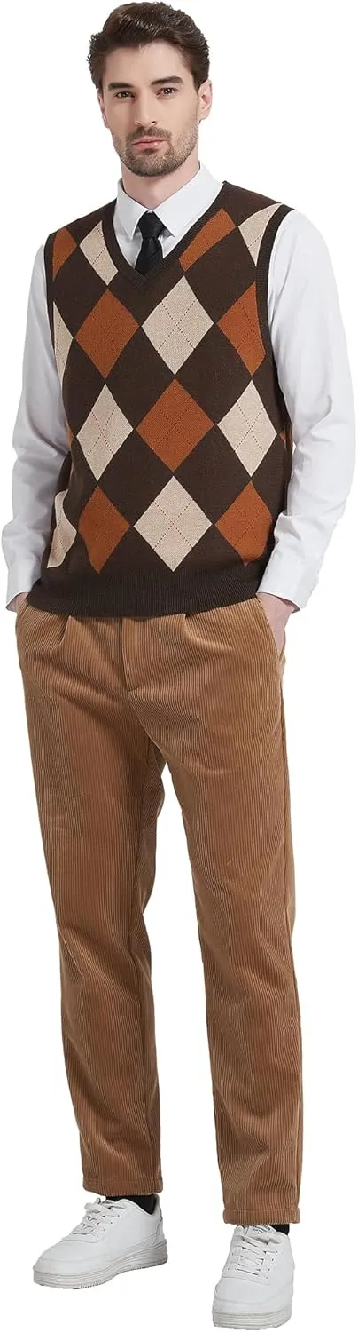 Kallspin Men's Argyle Vest Sweater Wool Blend V-Neck Sleeveless Pullover Sweater
