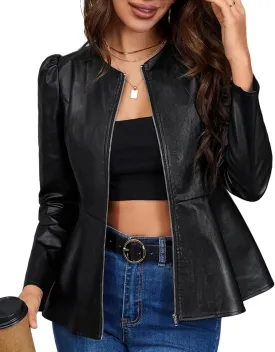 Kedera Womens Faux Leather Jacket Zip Up Puff Sleeve Peplum Coat Long Sleeve Jacket Crew Neck Crop Jacket Outwear