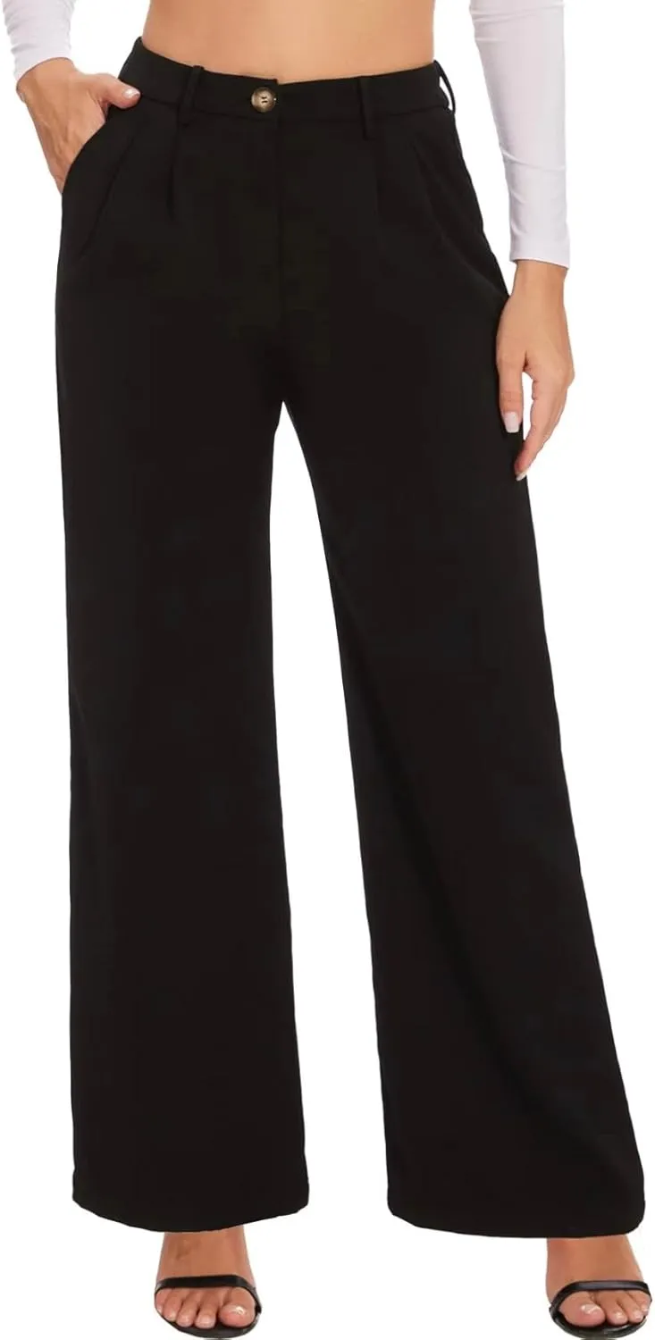 LaiyiVic Women's Wide Leg Dress Pants High Waisted Adjustable Tie Knot Loose Comfy Business Casual Work Trousers with Pockets