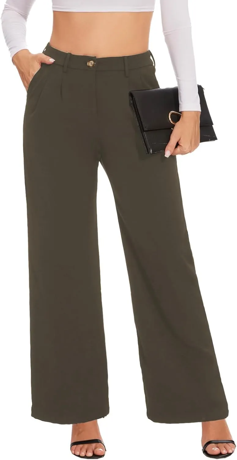 LaiyiVic Women's Wide Leg Dress Pants High Waisted Adjustable Tie Knot Loose Comfy Business Casual Work Trousers with Pockets