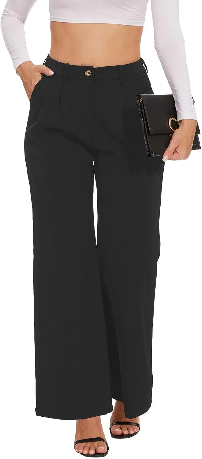 LaiyiVic Women's Wide Leg Dress Pants High Waisted Adjustable Tie Knot Loose Comfy Business Casual Work Trousers with Pockets