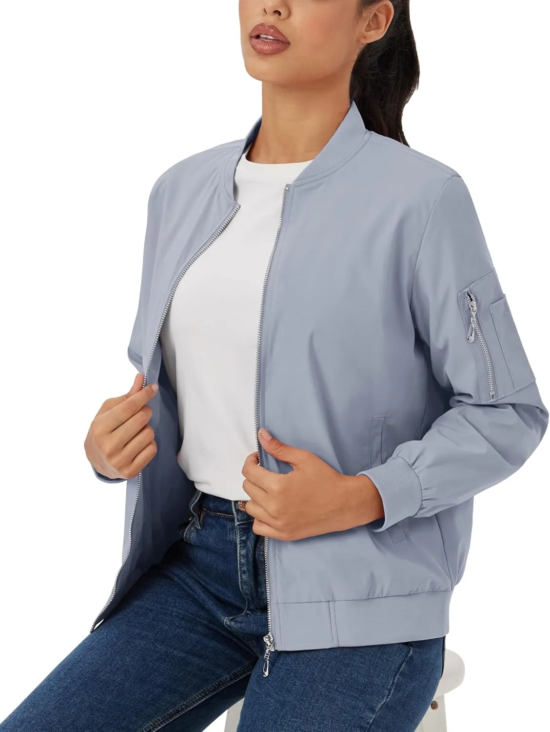 MAGCOMSEN Women's Jacket Lightweight Bomber Jackets 5 Pockets Windbreaker Zip-up Casual Moto Outwear