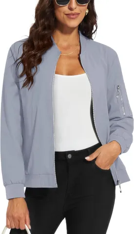 MAGCOMSEN Women's Jacket Lightweight Bomber Jackets 5 Pockets Windbreaker Zip-up Casual Moto Outwear