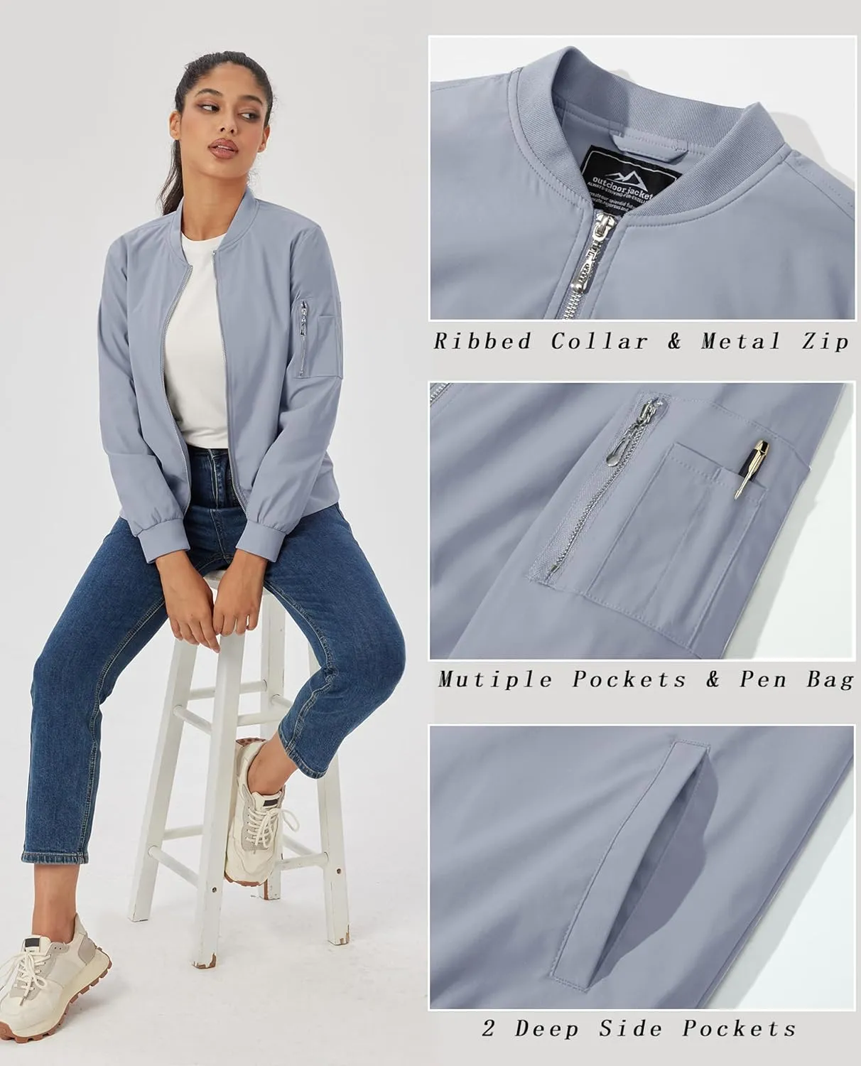 MAGCOMSEN Women's Jacket Lightweight Bomber Jackets 5 Pockets Windbreaker Zip-up Casual Moto Outwear