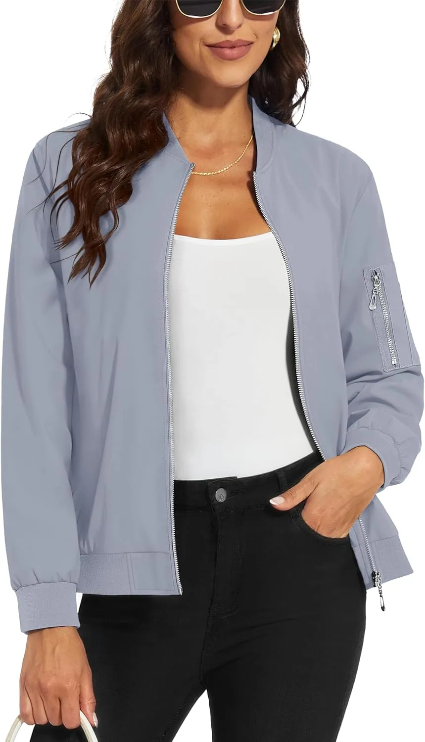 MAGCOMSEN Women's Jacket Lightweight Bomber Jackets 5 Pockets Windbreaker Zip-up Casual Moto Outwear