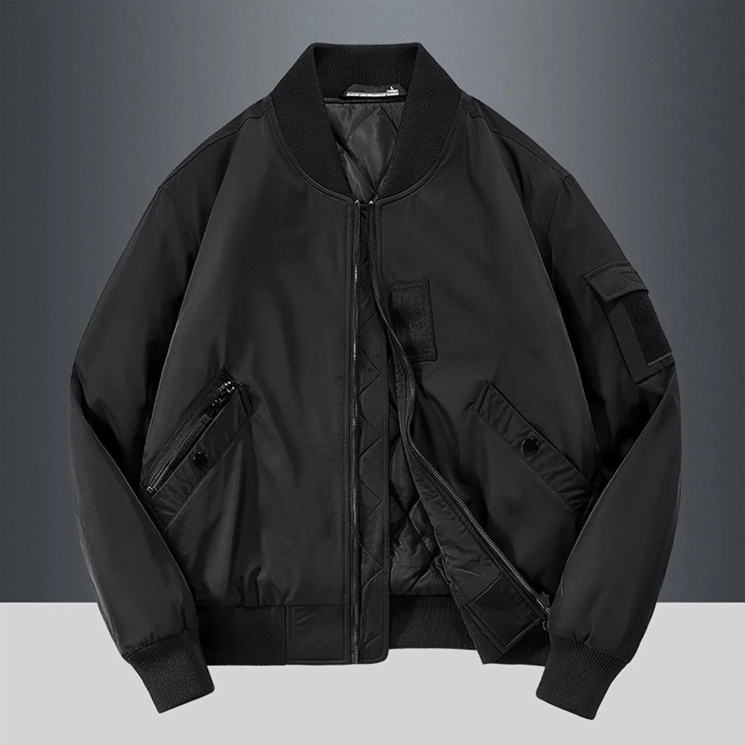 Men's Bomber JacketCausal Oversized Winter Bomber Jacket Men Warm Big and Tall Elastic Cuff Windproof Quilted Jacket