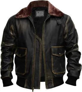 Mens G-1 Fur Collar US Navy Flight Distressed Brown Aviator Genuine Leather Jacket