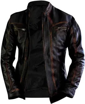 Men's Retro Distressed Motorcycle Leather Jacket - Vintage Cafe Racer Biker Leather Jacket For Men