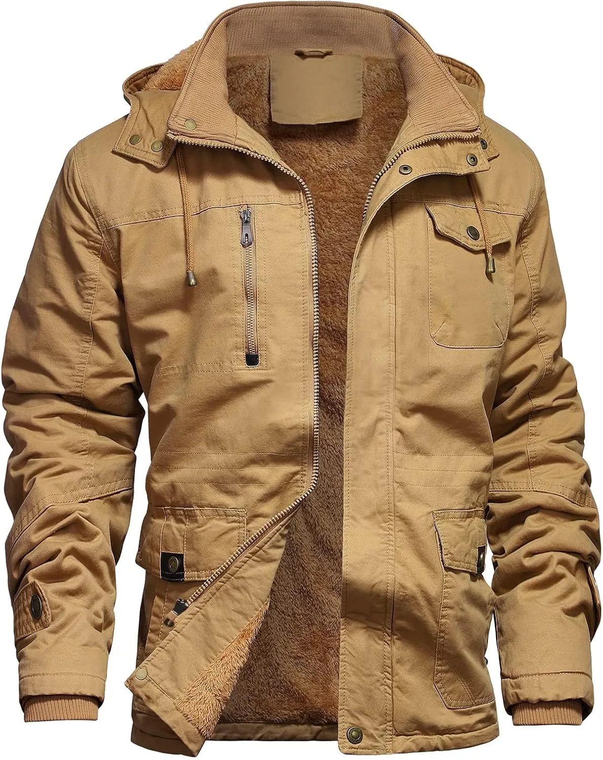 Men's Winter Jacket Military Jacket Fleece Lined Warm Cargo Jackets Removable Hood Cotton Work Coat