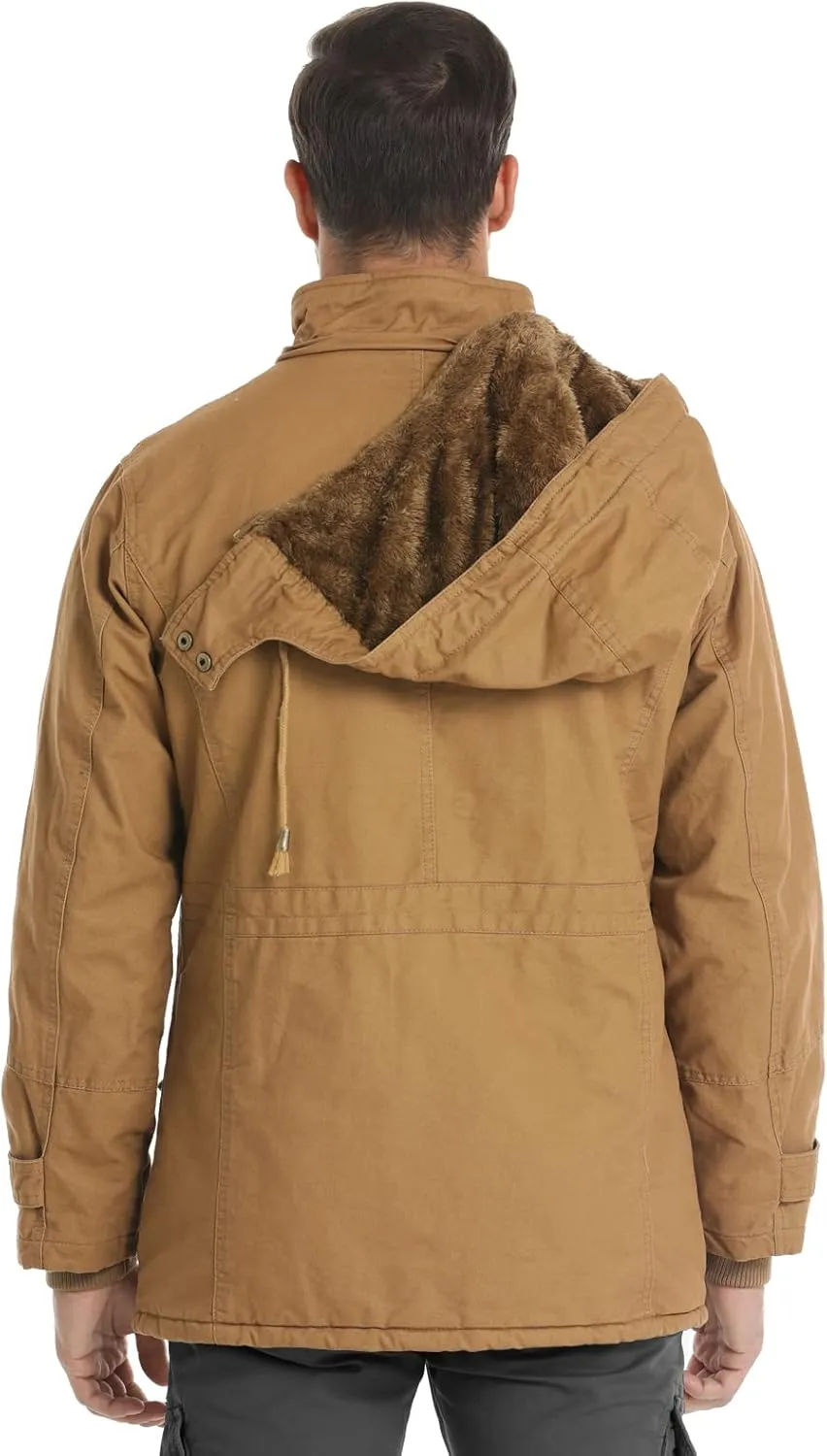 Men's Winter Jacket Military Jacket Fleece Lined Warm Cargo Jackets Removable Hood Cotton Work Coat