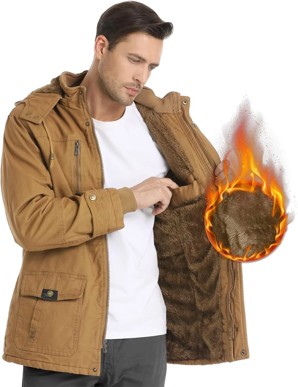 Men's Winter Jacket Military Jacket Fleece Lined Warm Cargo Jackets Removable Hood Cotton Work Coat