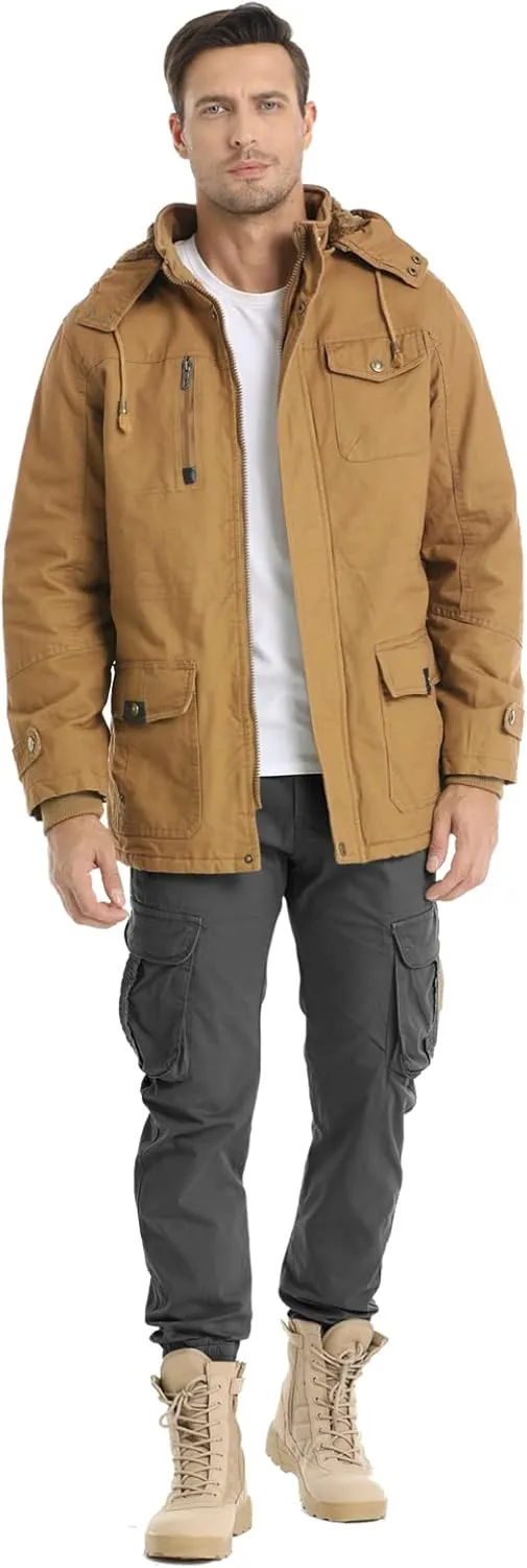 Men's Winter Jacket Military Jacket Fleece Lined Warm Cargo Jackets Removable Hood Cotton Work Coat