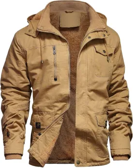 Men's Winter Jacket Military Jacket Fleece Lined Warm Cargo Jackets Removable Hood Cotton Work Coat
