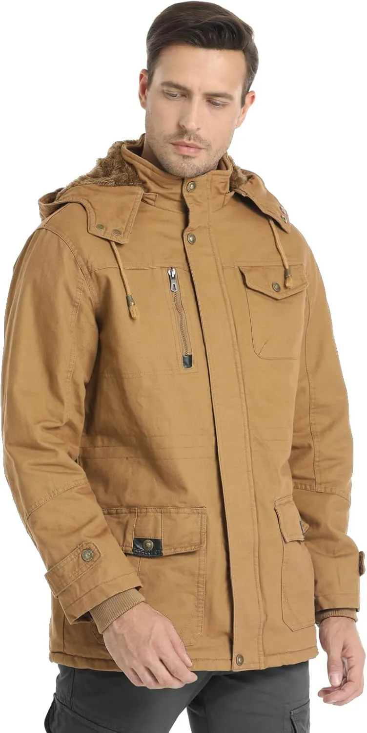 Men's Winter Jacket Military Jacket Fleece Lined Warm Cargo Jackets Removable Hood Cotton Work Coat