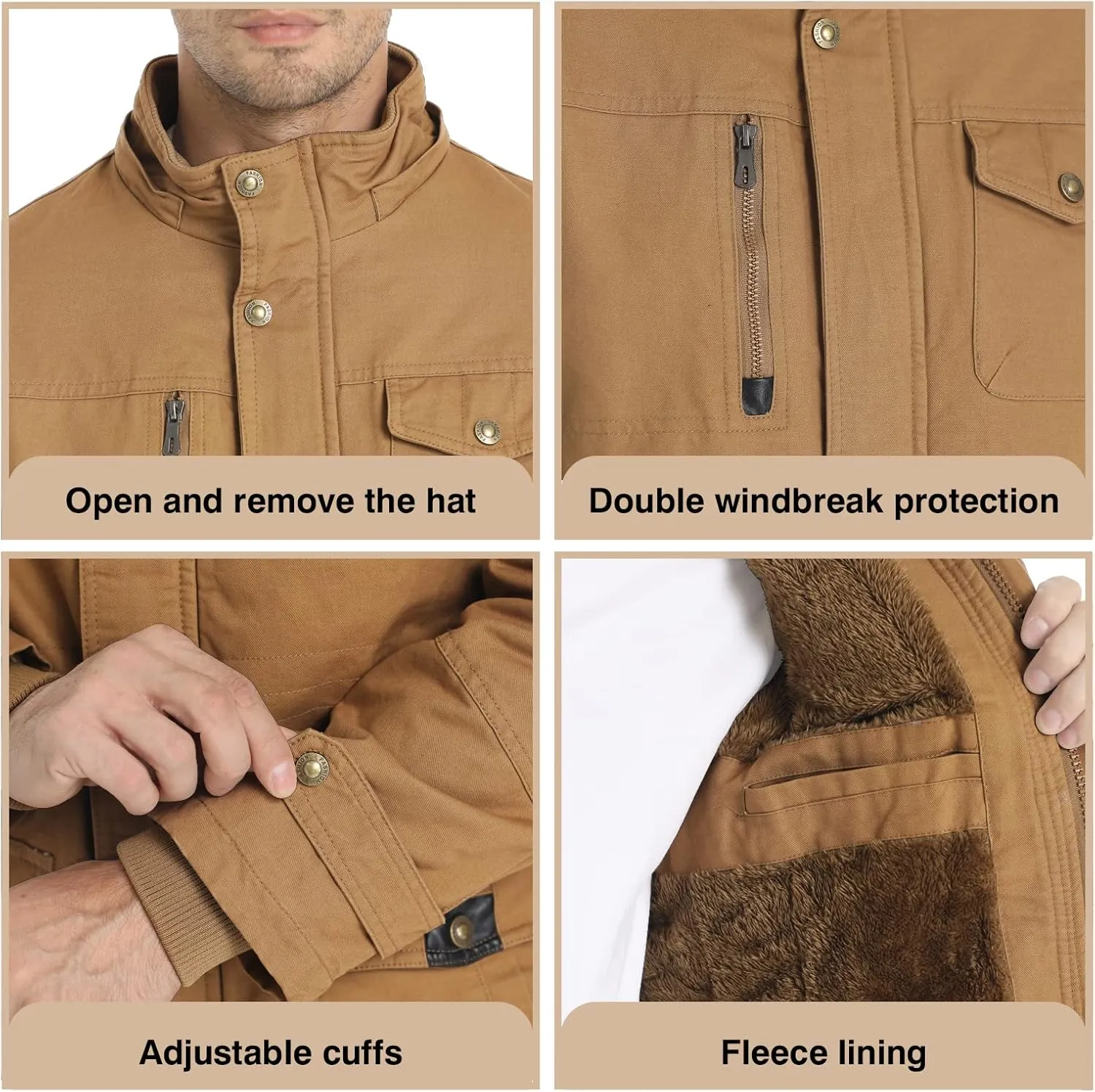 Men's Winter Jacket Military Jacket Fleece Lined Warm Cargo Jackets Removable Hood Cotton Work Coat
