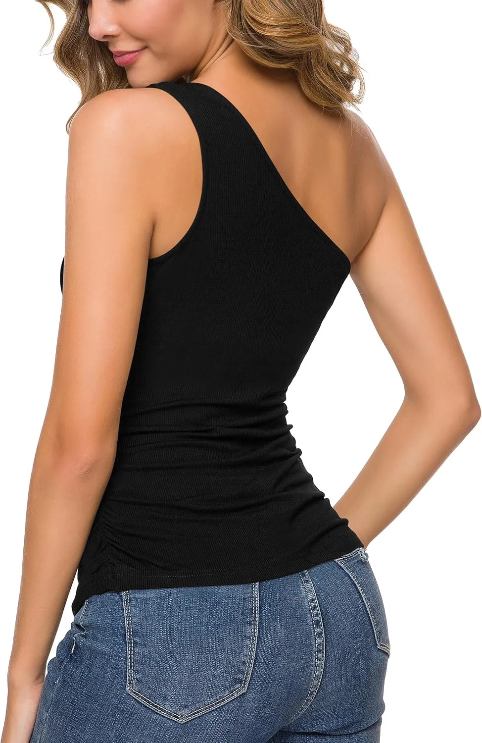 Missufe Women's One Shoulder Sleeveless Tank Ruched Blouse Top Tee Shirt