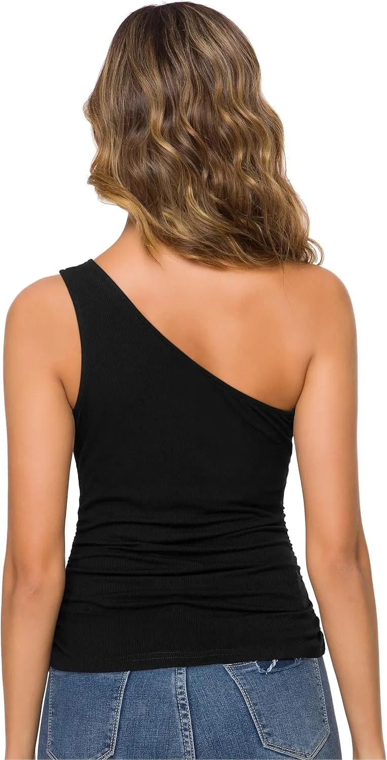 Missufe Women's One Shoulder Sleeveless Tank Ruched Blouse Top Tee Shirt