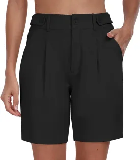 MoFiz Women's Shorts Dressy Casual Business Work Shorts Elastic Waist Straight Leg Pleated Summer Bermuda Shorts with Pockets