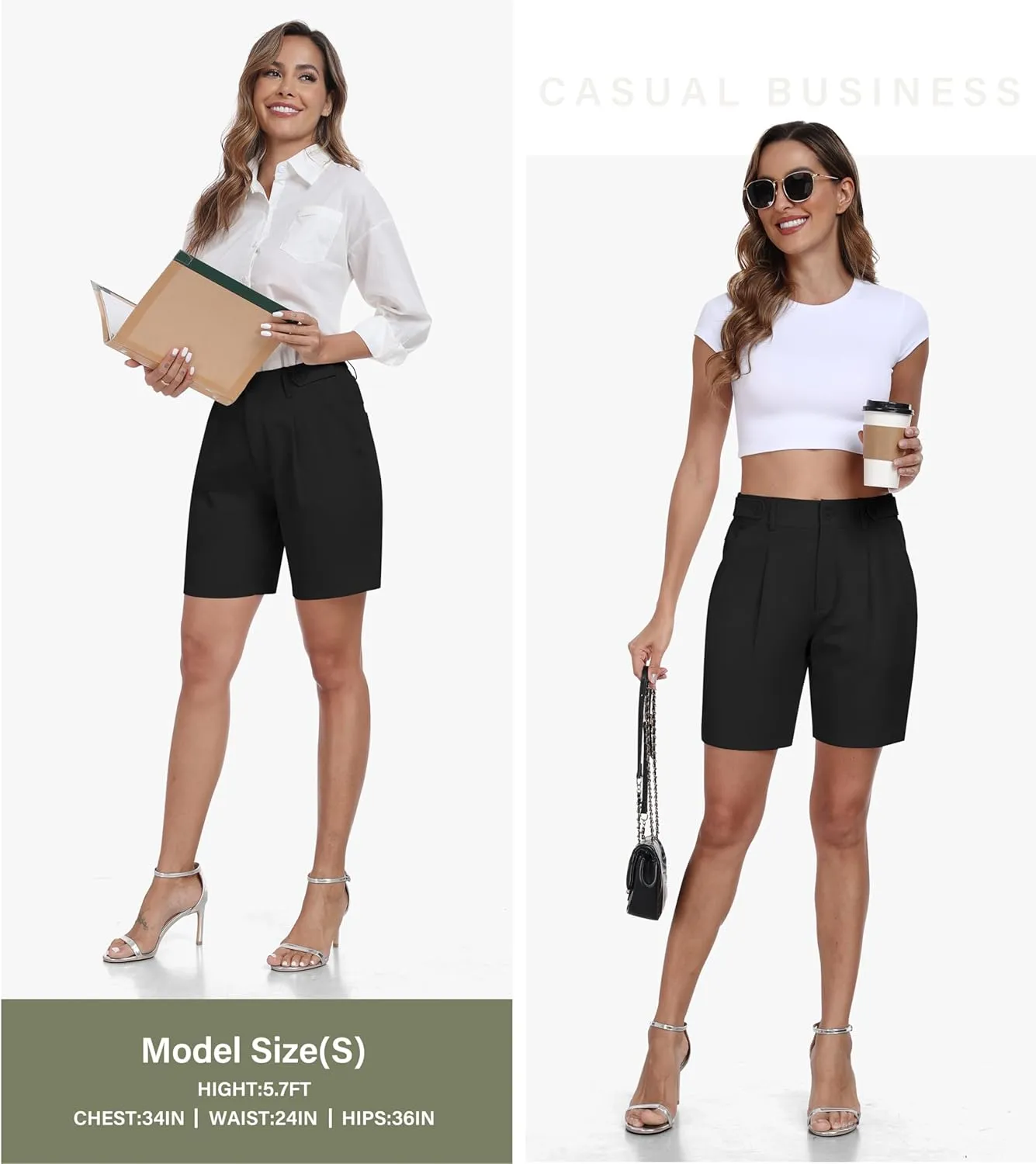 MoFiz Women's Shorts Dressy Casual Business Work Shorts Elastic Waist Straight Leg Pleated Summer Bermuda Shorts with Pockets