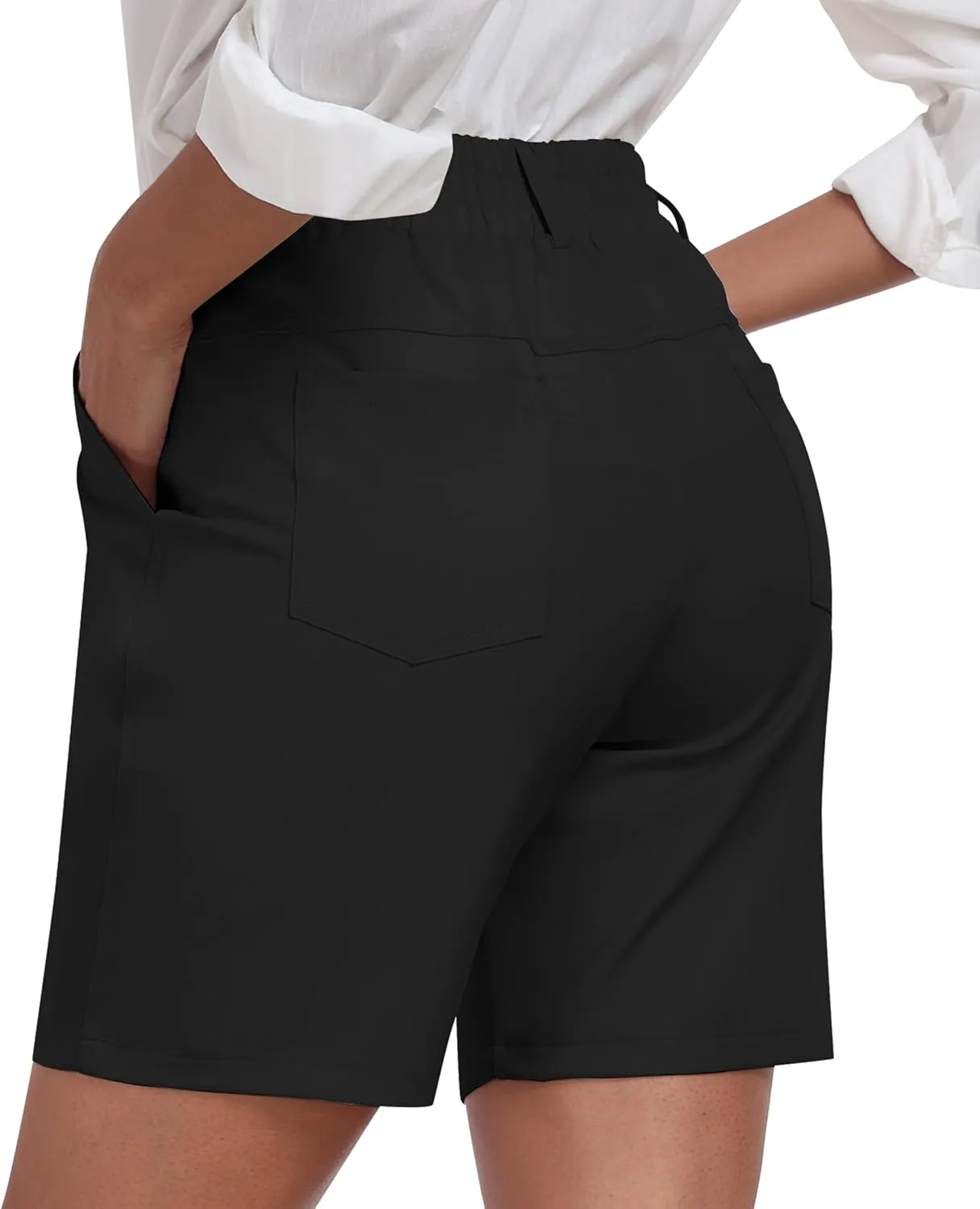 MoFiz Women's Shorts Dressy Casual Business Work Shorts Elastic Waist Straight Leg Pleated Summer Bermuda Shorts with Pockets