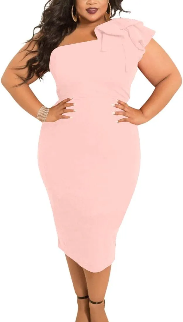 Mokoru Women's Sexy Ruffle One Shoulder Bodycon Elegant Cocktail Party Midi Dresses