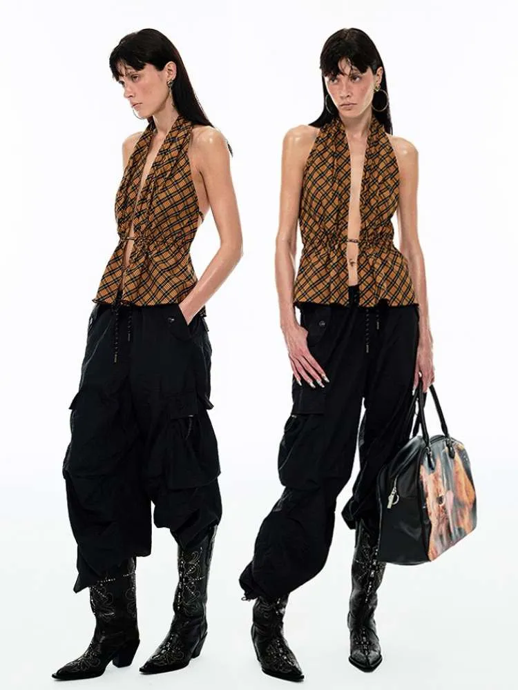Multilayer Gradient Plaid Halter Backless Tops【s0000009144】
