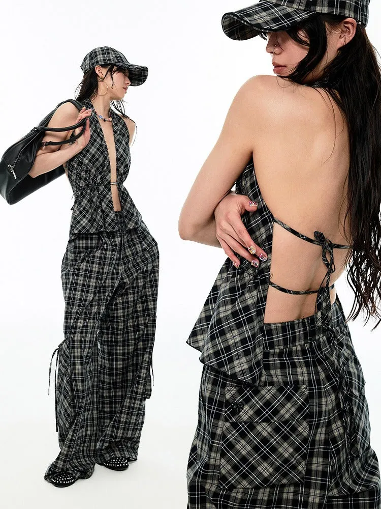 Multilayer Gradient Plaid Halter Backless Tops【s0000009144】
