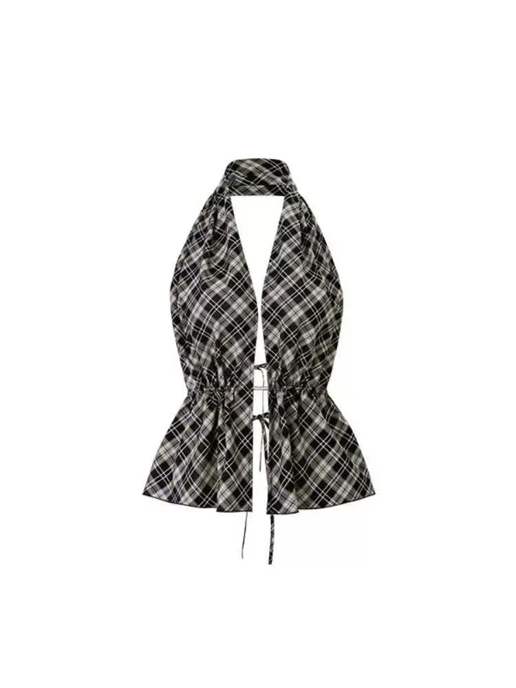Multilayer Gradient Plaid Halter Backless Tops【s0000009144】