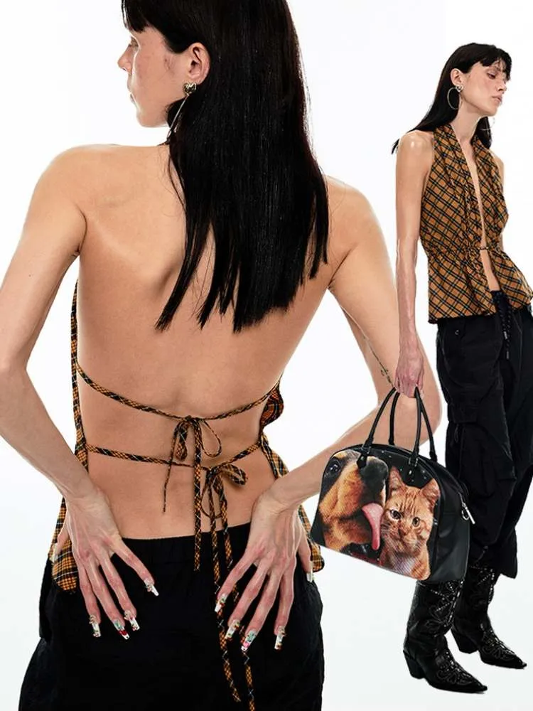 Multilayer Gradient Plaid Halter Backless Tops【s0000009144】